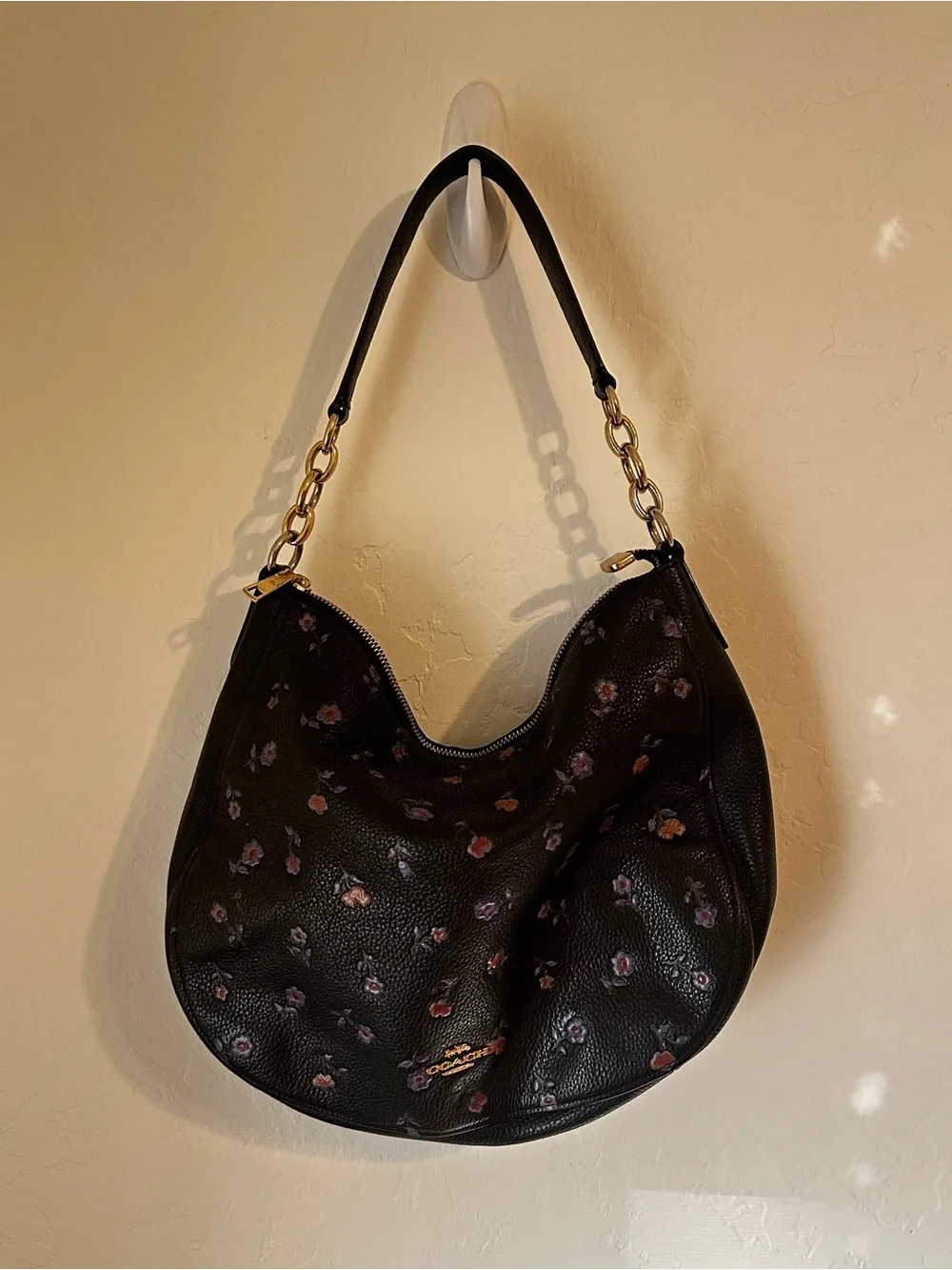 Coach Elle Black Pebbled Leather Hobo with Vintage Prairie Floral Print